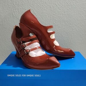 John Fluevog Brown Sculptural Heels with White Straps